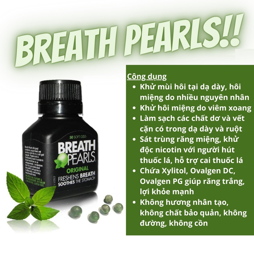 Hộp 50 Viên Uống Thơm Miệng Breath Pearls Original 50 Soft Gels Úc