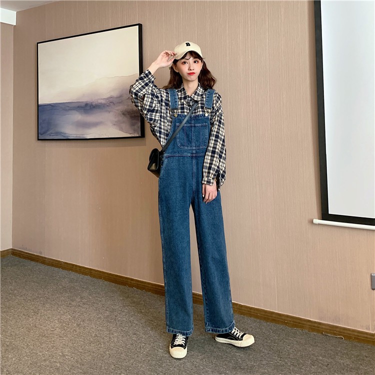 Quần yếm jean viền chỉ nổi ống suông ulzzang 3259