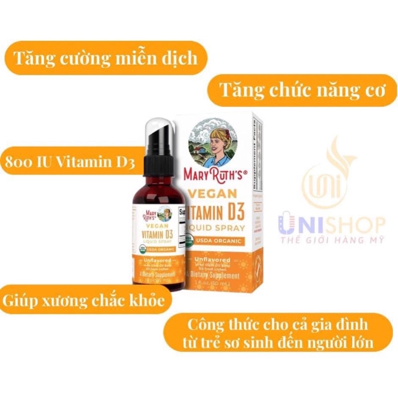 Vitamin D3 Mary Ruth's organic thuần chay cho  bé từ 6m-3y 15ml