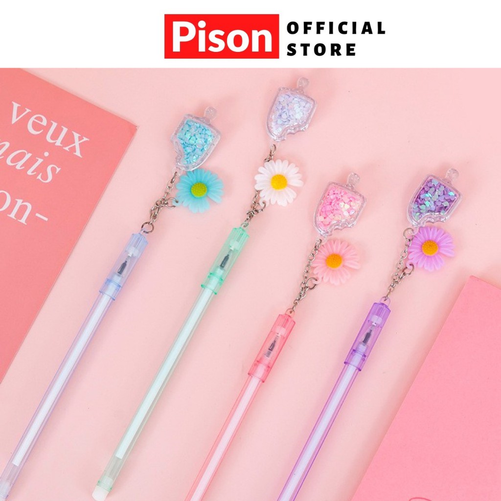 Bút Móc xích mực gel hình Hoa cúc và kem Pison, mực đen ngòi kim 0.38mm - BN011 - 1 cái