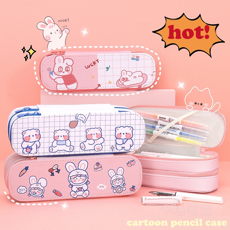 Túi Đựng Bút Hai Ngăn Sức Chứa Lớn Màu Hồng Dễ Thương Sáng Tạo Dành Cho Nữ Sinh