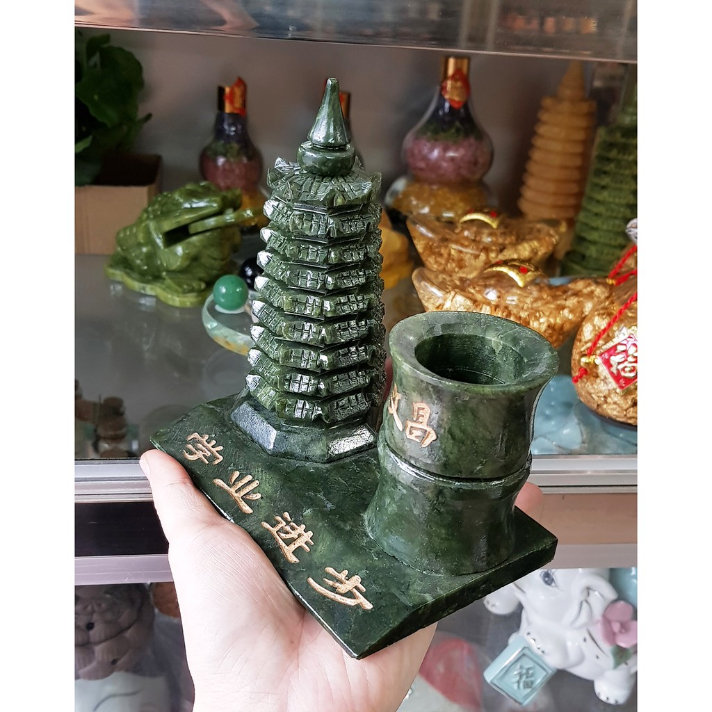 Tháp Văn Xương ống bút đá Lam Ngọc size 14cm