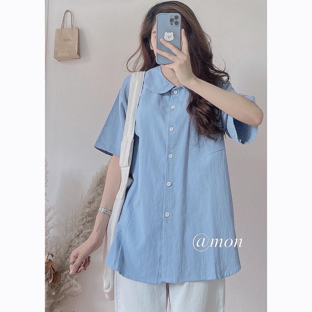 2101646 Áo sơ mi nữ - áo sơ mi cộc tay tiểu thư cổ tròn chất đũi thô mềm mát freesize 2 màu thời trang ulzzang | BigBuy360 - bigbuy360.vn