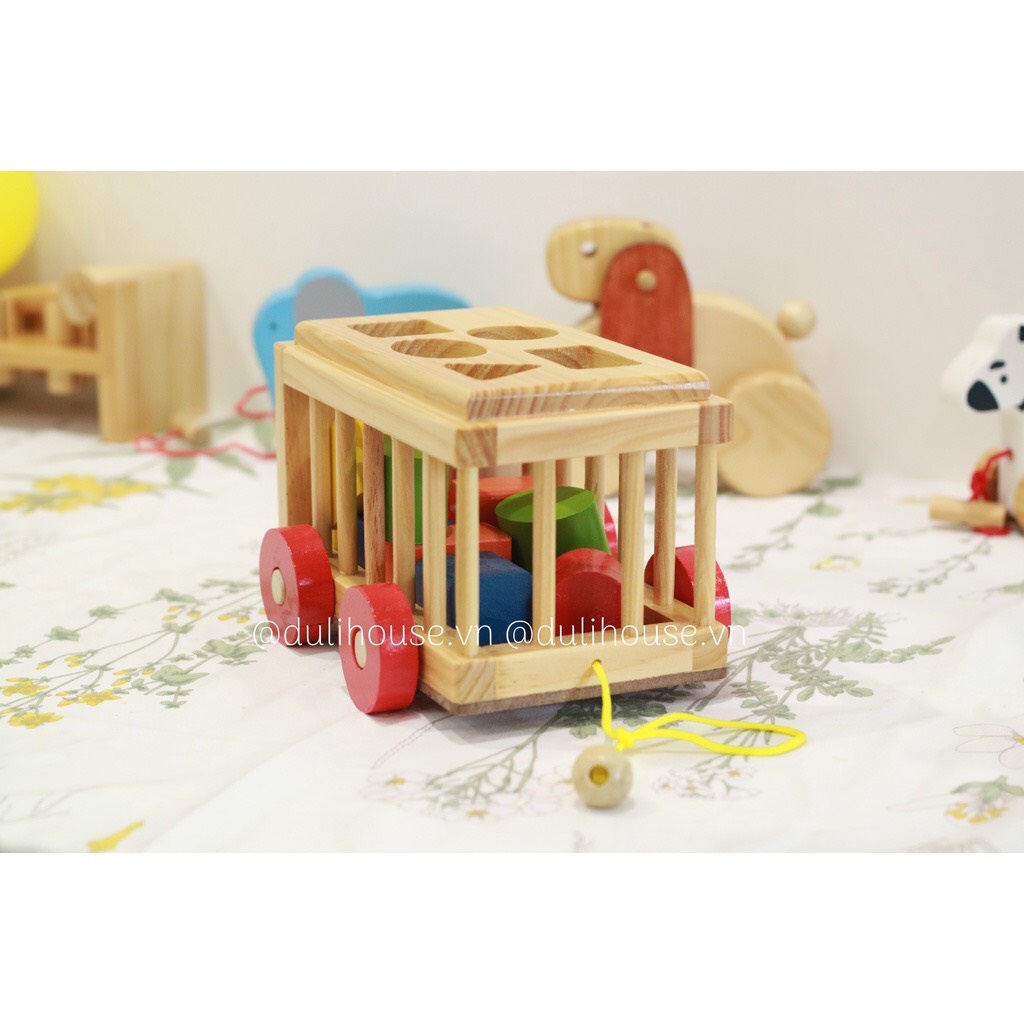 Đồ chơi xe cũi thả hình khối gỗ an toàn việt nam, đồ chơi xe kéo thả hình khối thông minh trí tuệ cho bé