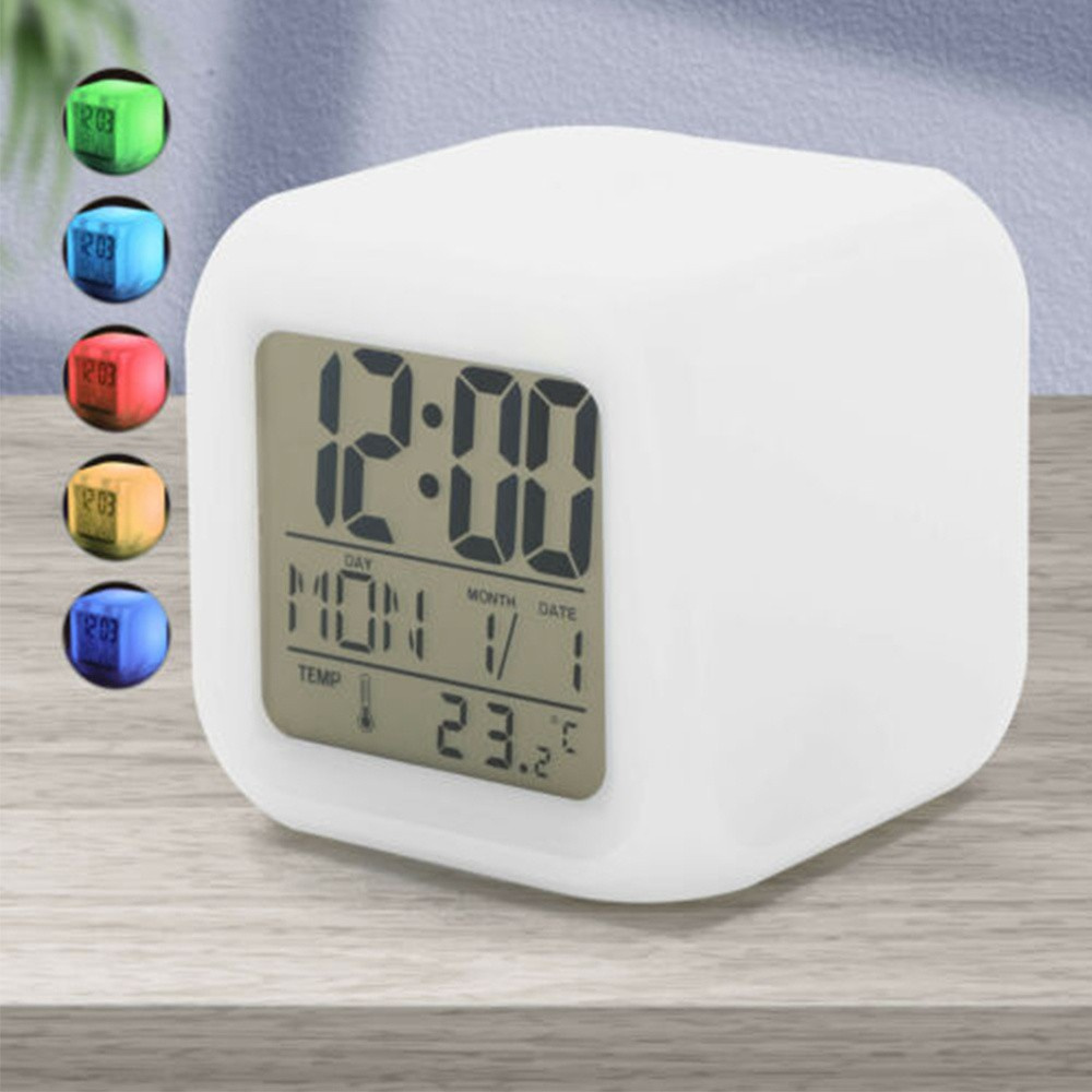 LUCKY Children's Gifts Square Clocks Thermometer LED Display Alarm Clock Portable White Multifunctional Colorful Discoloration Digital