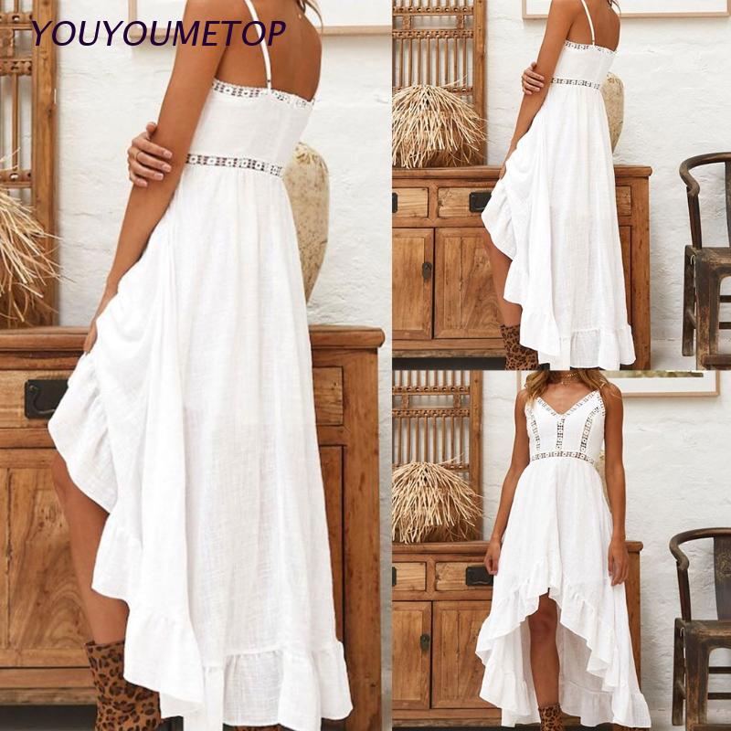 Đầm hai dây dáng dài cổ chữ V phối ren màu trắng thời trang mùa hè cho nữ