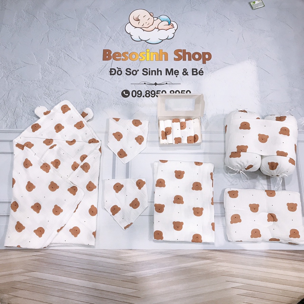 Combo full set  chăn -gối- chặn đa năng- yếm- khăn sữa xô muslin cao cấp cho bé yêu