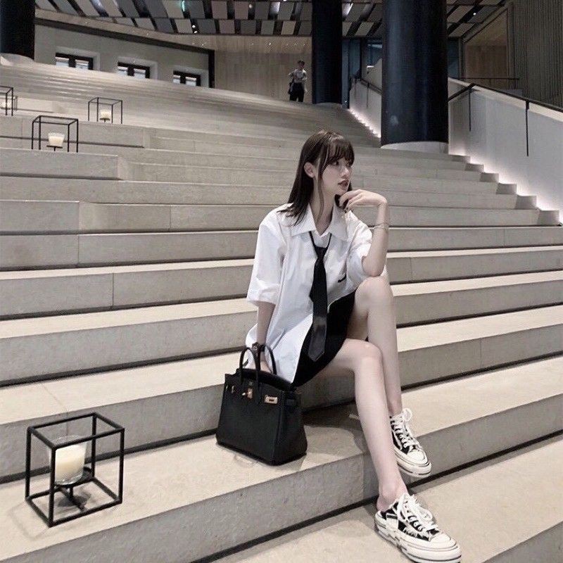 Áo Sơ Mi Tay Lỡ Kèm Cavat Ulzzang, Áo Sơ Mi Đi Học Phong Cách Hàn Quốc