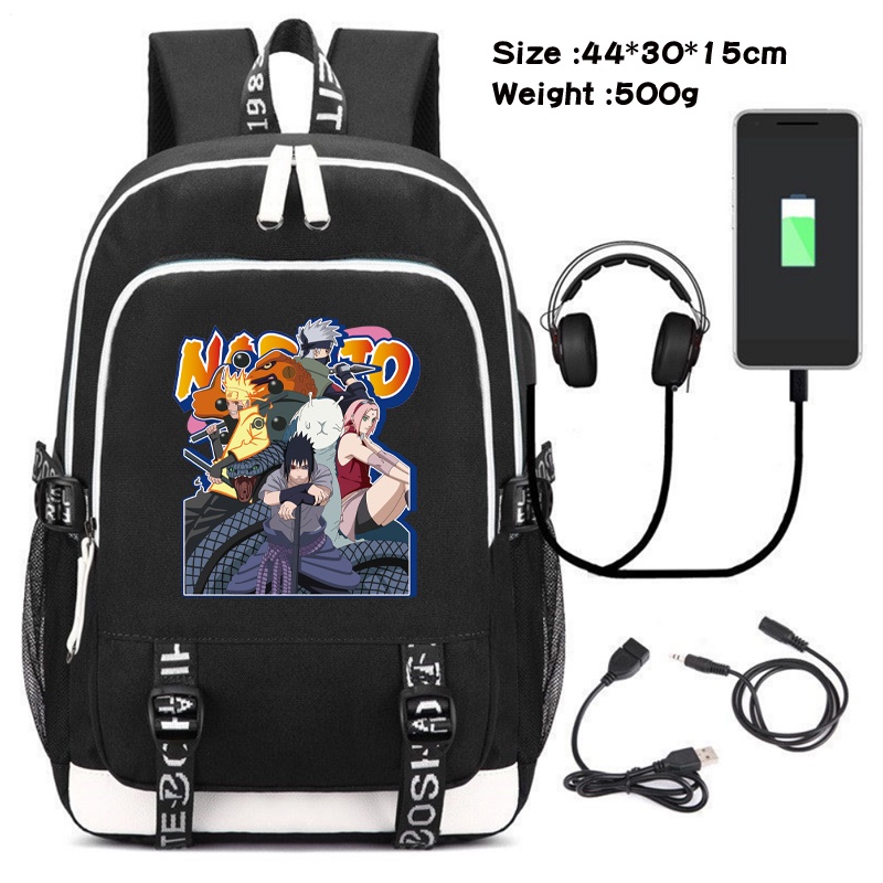 Ba Lô Vải Canvas Màu Đen Có Cổng Sạc Usb Họa Tiết Hoạt Hình Uzumaki Naruto Uchiha Sasuke Haruno Sakura