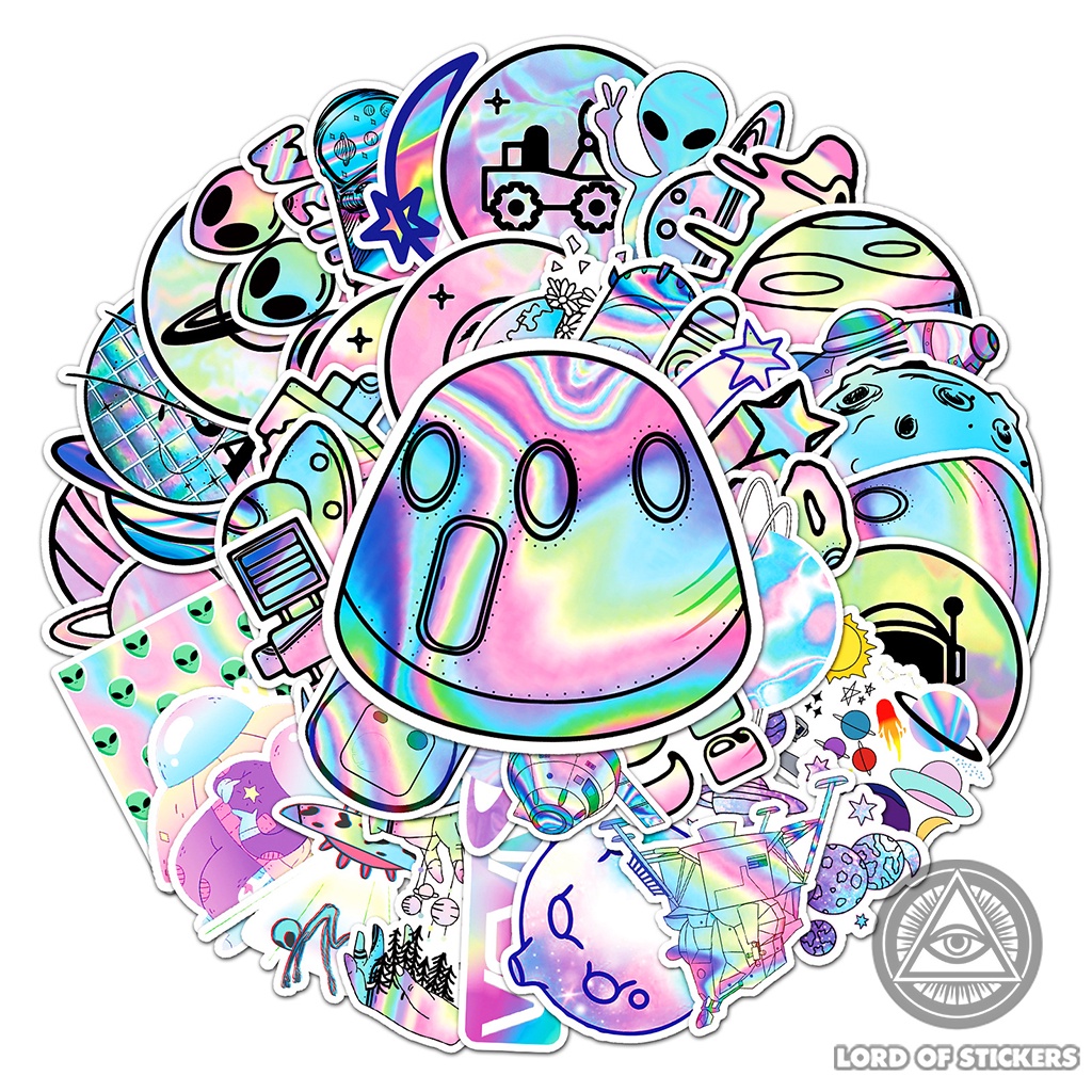 Set 50 Nhãn Dán Chủ Đề Vũ Trụ Sticker Cute Holographic Phong Cách Hoạt Hình Chống Thấm Nước Dán Mũ Bảo Hiểm, Laptop, Sổ
