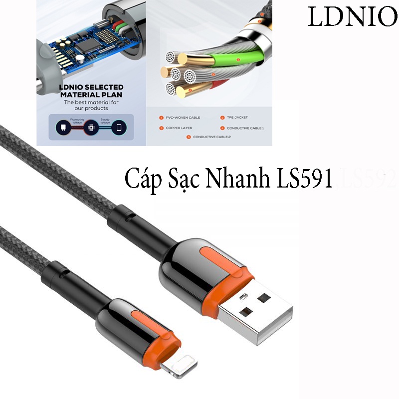Dây cáp sạc nhanh LDNIO LS591 áp sạc USB-C /USB-IP /USB- MICRO sạc cho ANDROI, IP sạc nhanh 2,4A