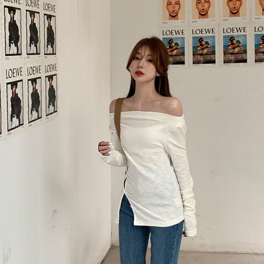 Áo thun tay dài dáng ôm hở vai thời trang Hàn Quốc sành điệu cho nữ