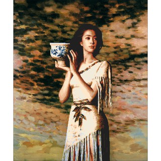 Tranh thêu chữ thập 3d Thiếu nữ nâng chậu gốm < IST517 > chưa thêu