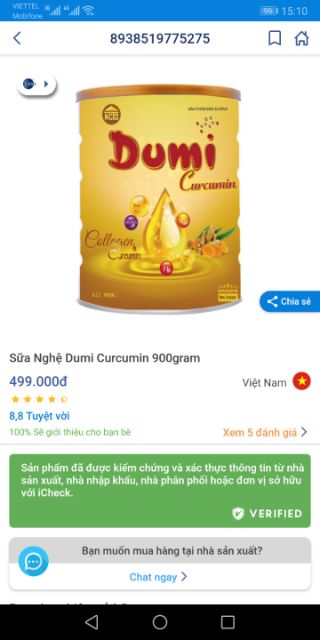 Sữa bột Dumi Curcumin 900 gram - thành phần tinh dầu nghệ