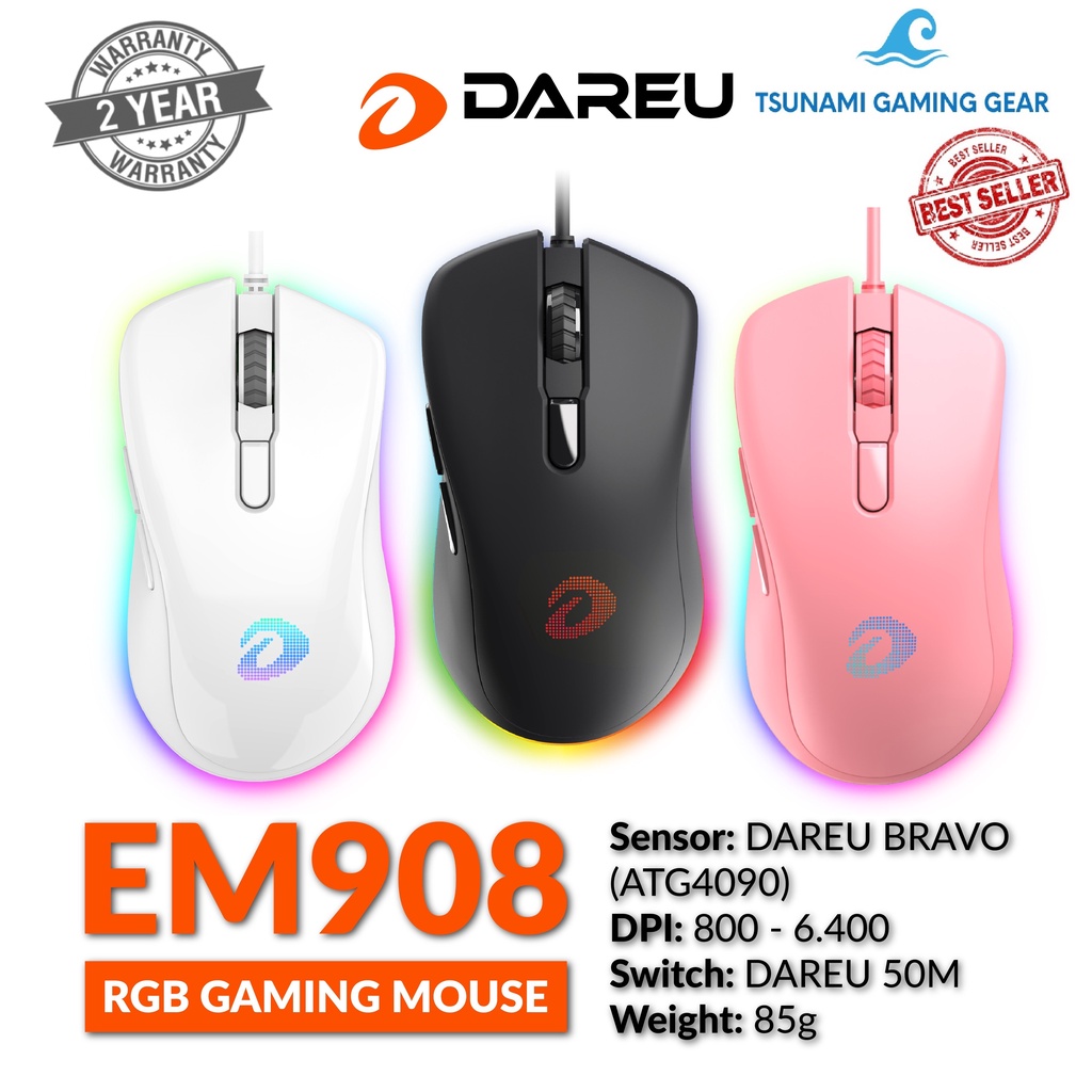 [Mã SKAMSALE03 giảm 10% đơn 200k] Chuột Gaming DAREU EM908 QUEEN PINK/ WHITE/ BLACK (LED RGB, BRAVO sensor) BH 2 năm