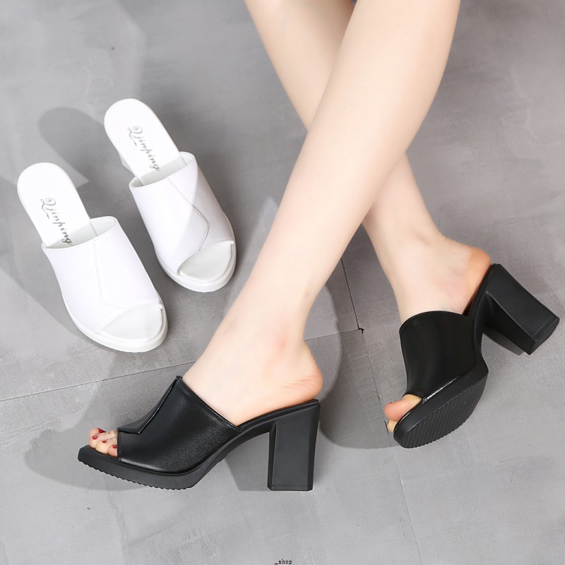 Ready stock_Black Waterproof Platform High Heel Thick With Out The Slippers, Women's Summer, Wear Thin Fashion Fish Mout