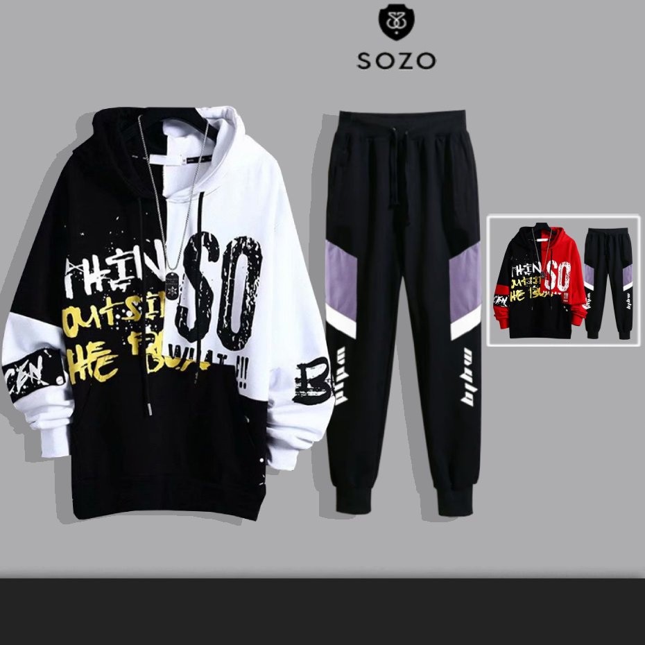 Set Bộ 2 Món Quần Dài + Áo Hoodie Nón Nam Nữ Unisex Chất Vải Nỉ CB2_MQU076THDEF6_WAH007NO (Dọc Tím Mula + So 2 Màu)
