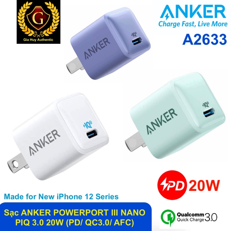 Combo bộ sạc iPhone 12, iPad ANKER PowerPort III Nano PIQ 3.0 20W A2633 + Cáp C to Lightning  ANKER PowerLine II A8632