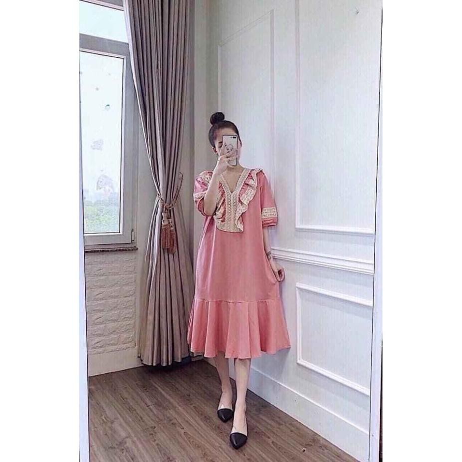 Đầm bầu thời trang thiết kế ren ngực MB60 chất đũi hàn freesize từ 45 đến 70kg