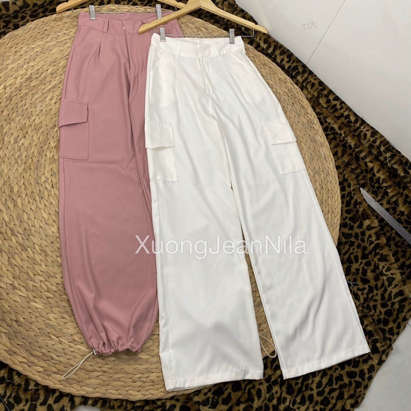 Quần unisex túi hộp dây rút chân dài 105cm ba màu đen trắng hồng mặc được hai kiểu ống suông và ống túm