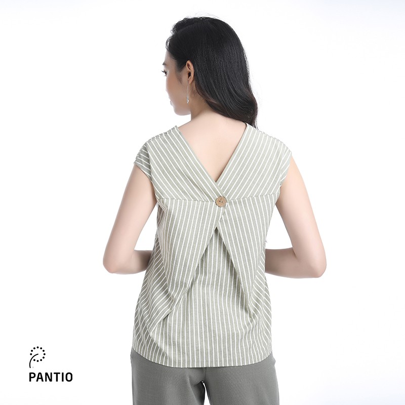 Áo sơ mi nữ chất liệu vải linen kẻ dáng xòe ngắn tay FAS52447 - PANTIO