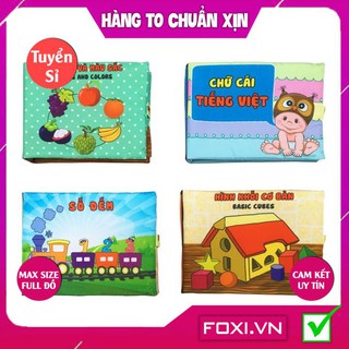 [FREESHIP HÀNG ĐẸP] ComBo 4 Sách vải học liệu-Hoa quả-Chữ cái-Số đếm-Hình khối-Dành cho bé Sơ Sinh-kích thích IQ