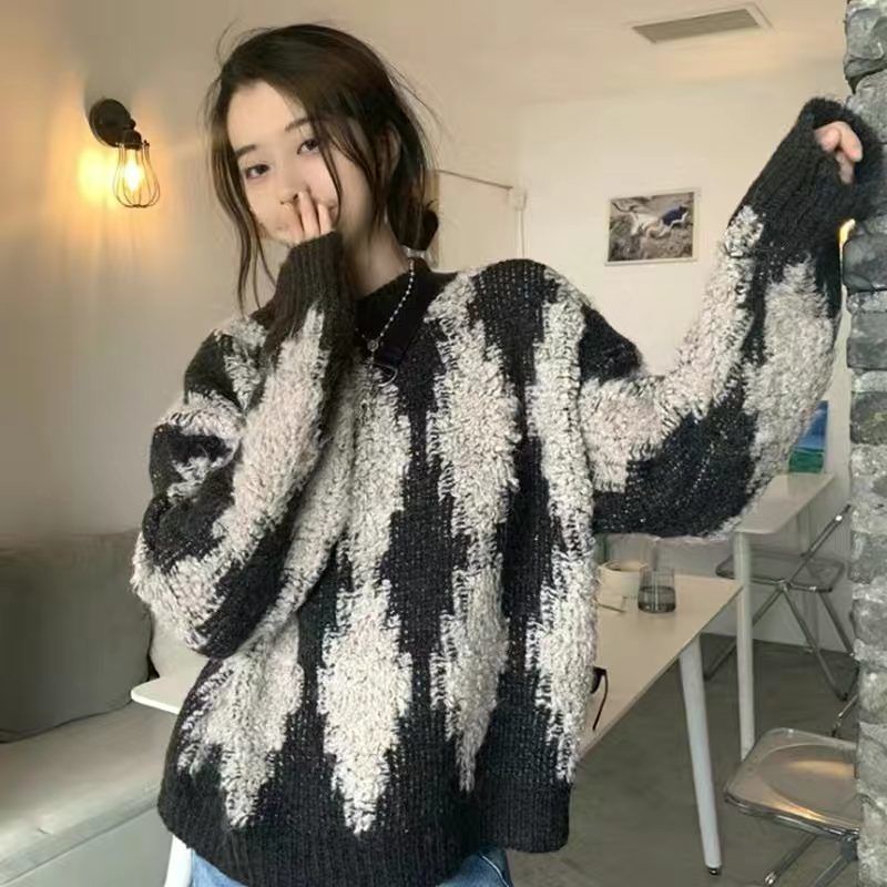 Áo Sweater Dáng Rộng Họa Tiết Sọc Caro Phong Cách Retro Nhật Bản Cho Nữ