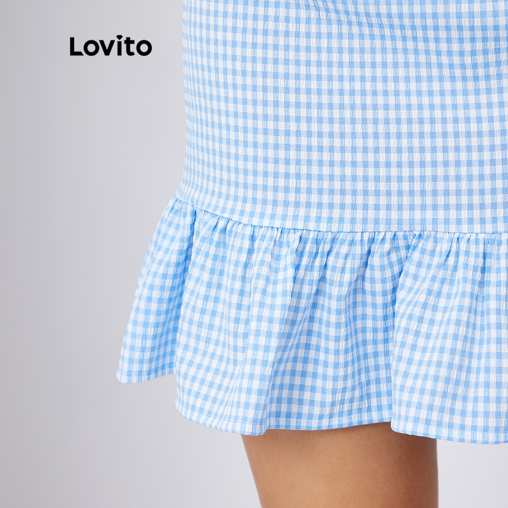 Lovito Preppy Gingham Ruffle Hem Skirt L21AS112 (Xanh và Trắng)