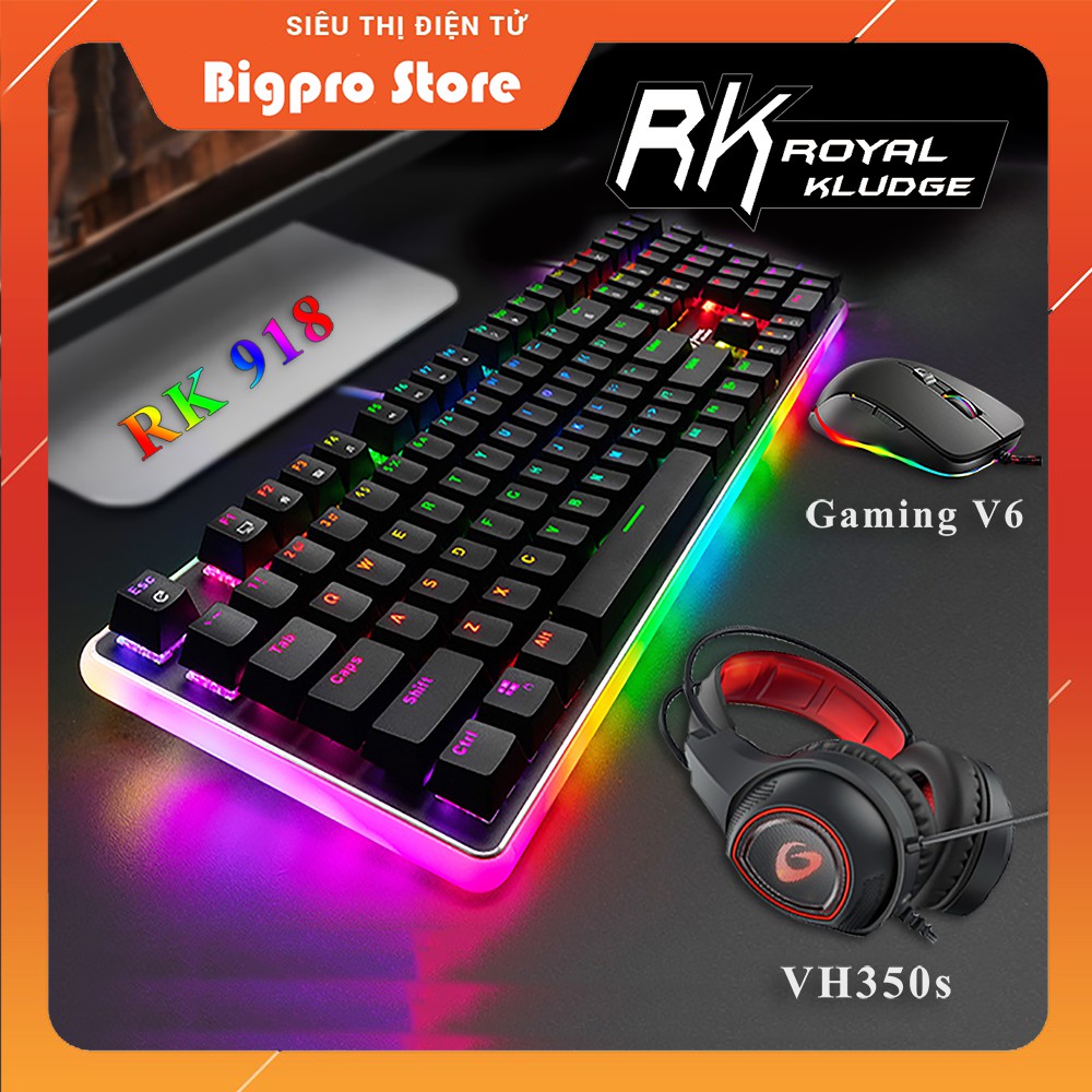 Siêu Combo Bộ Bàn Phím Cơ RK 918 - Chuột Gaming V6 Wolf - Tai nghe DareU 350s New 100% ( BH 12 tháng )
