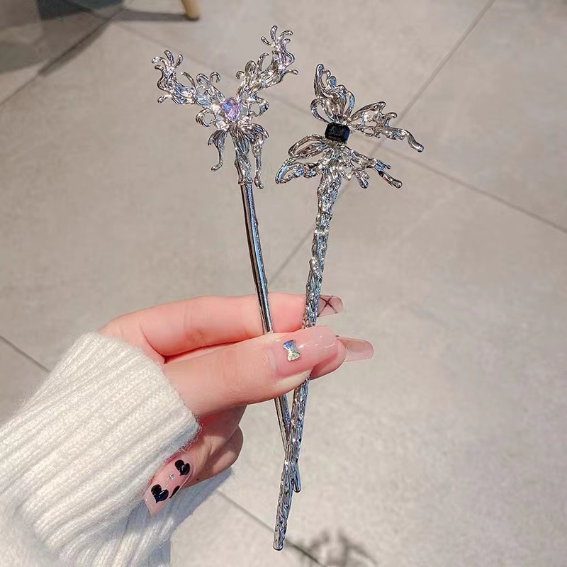 Haimeikang Kẹp tóc kim loại hình bướm đính đá zircon phong cách cổ điển