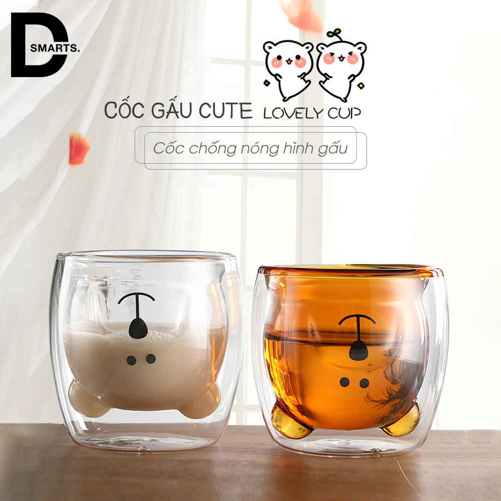 Ly thủy tinh, cốc thủy tinh hình gấu cute, ly thủy tinh 2 lớp chống nóng 250ml