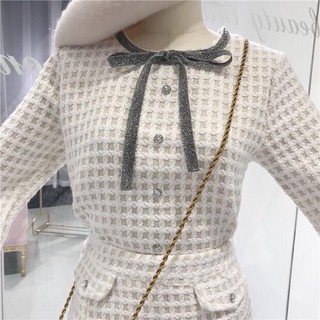 Set váy dạ vải Tweed cổ nơ