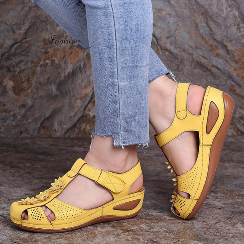 Ds Women Summer Sandals PU Leather Vintage Flower Buckle Shoes Casual for Ladies @vn