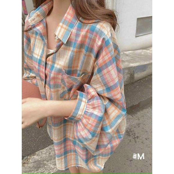 Áo sơmi nữ đũi thô kẻ sọc freesize dưới 53kg  2 màu xanh hồng alohashop91