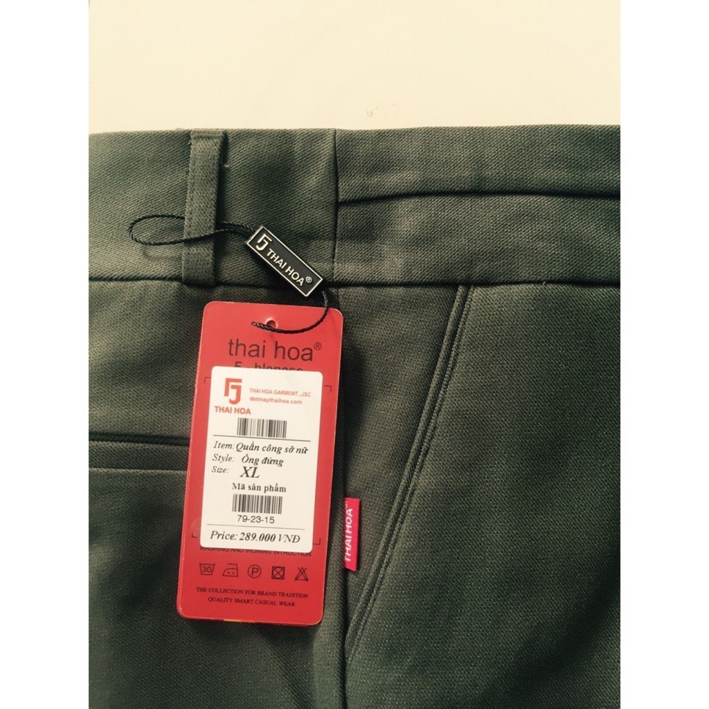 Quần Tây Thái Hòa vải dày màu xanh rêu không giãn đứng form 79-23