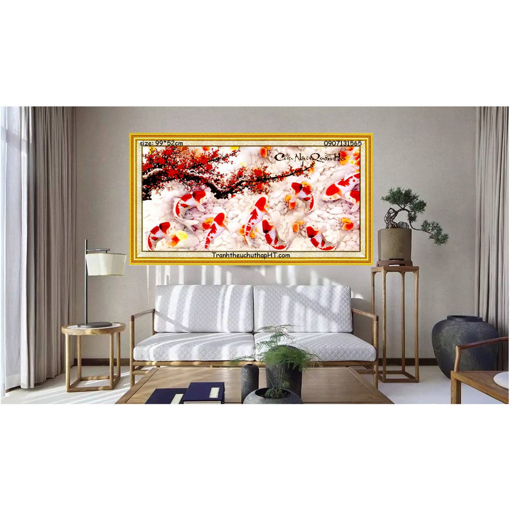 Tranh thêu chữ thập 9 con cá “Cửu ngư quần hội” 130*65cm (tự thêu)