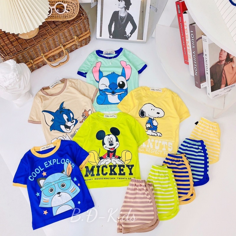 BỘ TAY NGẮN ĐÙI IN HÌNH THÚ MICKEY - TOM & JERRY PHỐI SỌC MINKYMOM THUN LẠNH - TN04