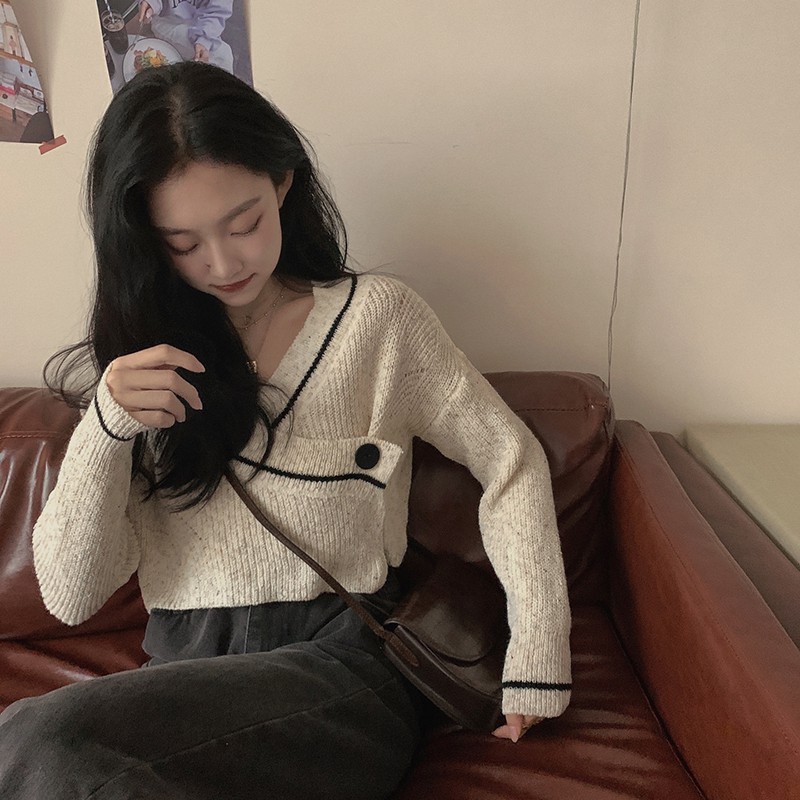 (có ảnh thật) Áo len croptop dài tay cổ đắp chéo cài cúc phong cách ulzzang Hàn Quốc - AL16 | BigBuy360 - bigbuy360.vn