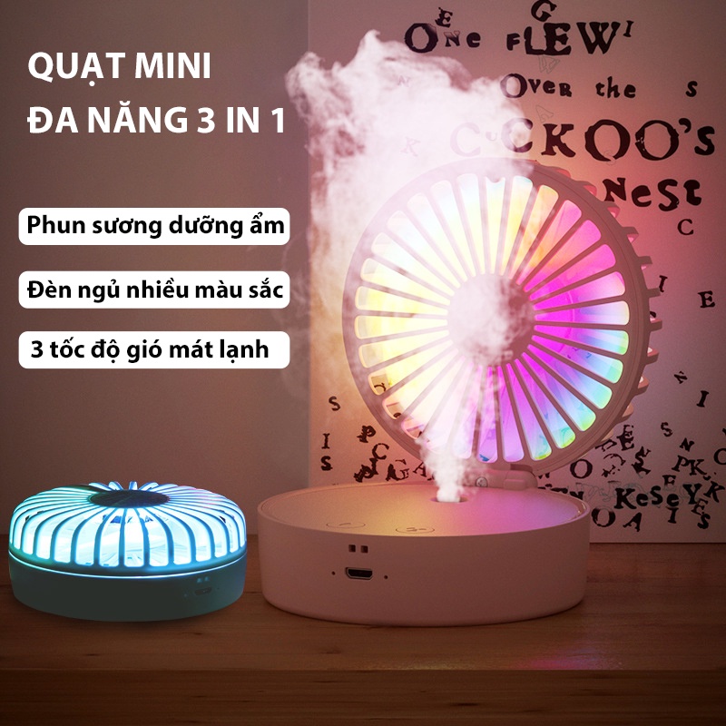 Quạt phun sương tạo ẩm xông tinh dầu tích hợp 3 trong 1 đèn ngủ nhiều màu sạc nhanh USB 2000mAh - QMN03