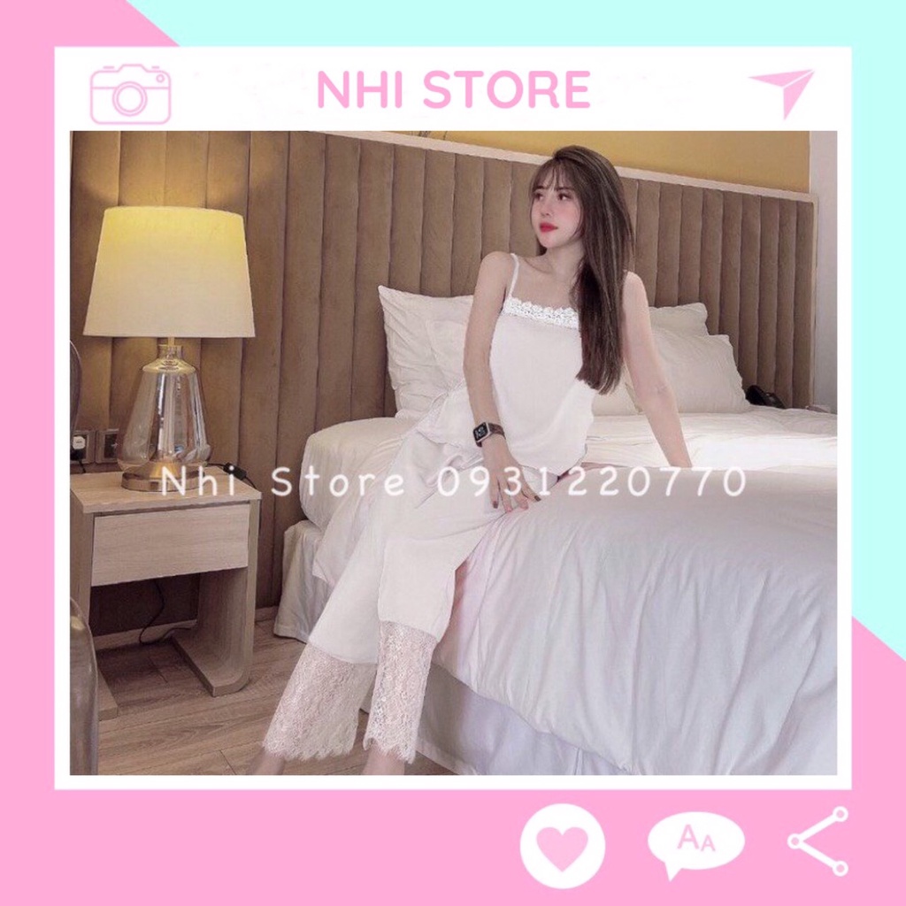 Bộ Mặc Nhà Nữ NHISTORE Quần Dài Lai Ren Áo 2 Dây Xẻ Sườn Sexy Freesize Dưới 57kg