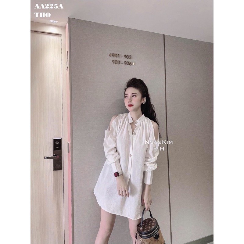 (BIGSIZE) Áo sơ mi cúc gỗ khoét tay cực xinh 65-90kg (Trắng)