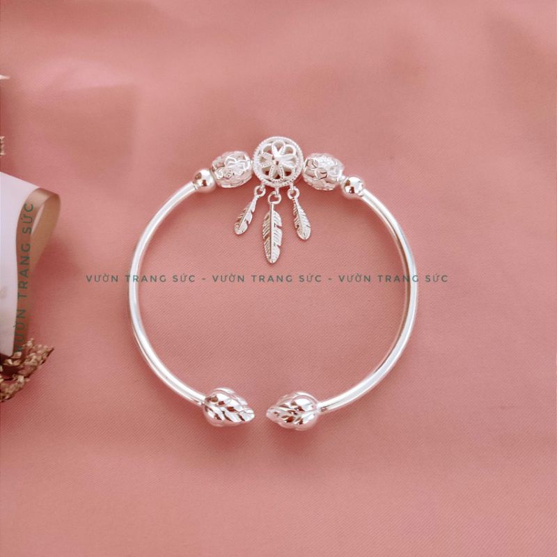 Vòng tay bạc nữ S925 - Lắc tay nữ bạc S925 Cuff nụ sen charm Drecat vintage Vườn Trang Sức VTSVT019