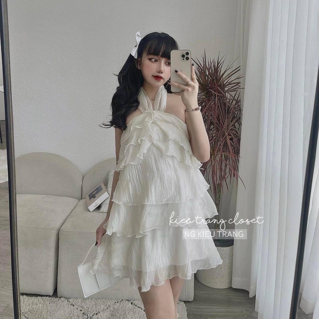 Đầm Cổ Yếm 💖DEMISS💖 Váy Cổ Yếm Voan Nude Rớt Vai Bèo Tầng Điệu Đà - V-Trắng-979