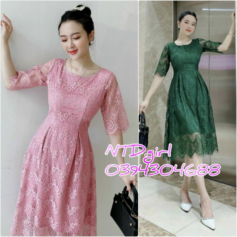 Thiết kế - Đầm dáng xòe ren hoa sang trọng, váy dự tiệc viền gợn sóng tay lỡ