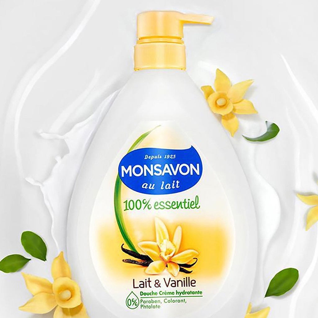 Sữa Tắm Monsavon Lait & Vanille chiết xuất sữa và hoa vani Pháp dưỡng da mềm mịn 1000ml