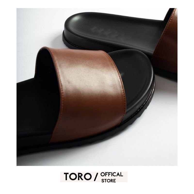Dép nam , dép da nam quai ngang da bò cao cấp Toro màu nâu - bảo hành 6 tháng N08