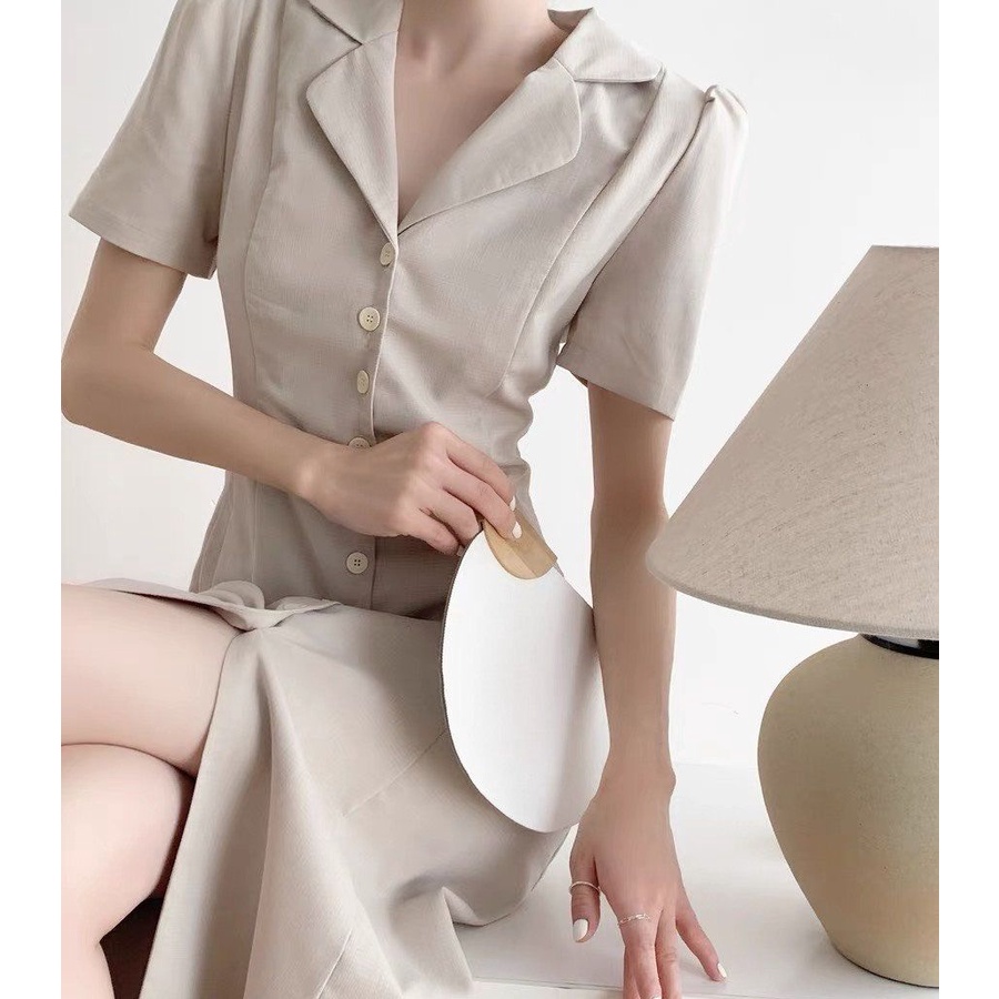 Đầm Váy Nữ Cổ Vest Dáng Midi Màu Kem Xinh Xắn, Trẻ Trung, Cá Tính, Chất Linen Dày Mềm Mịn, Mát, Bền Đẹp