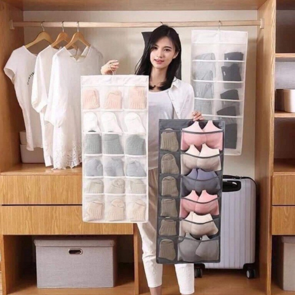 Túi Treo Đồ Lót, Tất Tiện Tích 2 Mặt Nhiều Ngăn (12 ô - 18 ô) - Có Móc Treo
