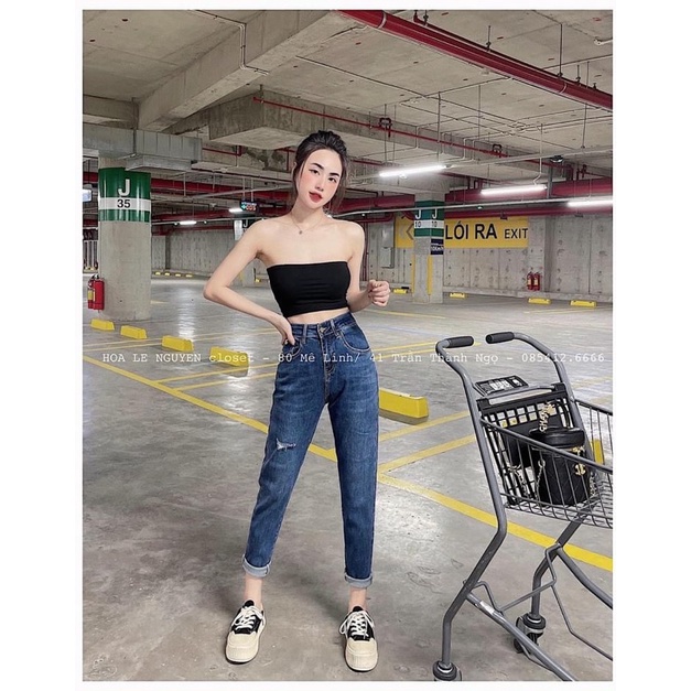 QNU122 - QUẦN JEANS BOY NỮ XANH ĐẬM RÁCH 1 BÊN M500