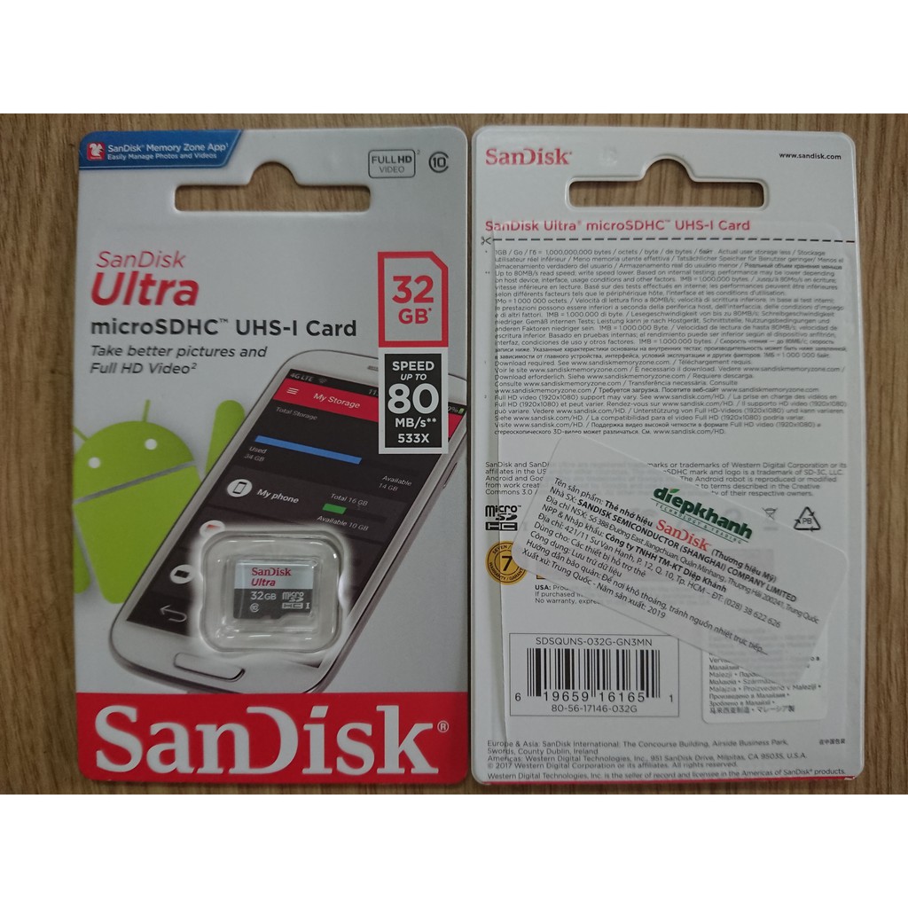 Thẻ nhớ SanDisk Ultra microSDHC, SQUNS 32GB, C10, UHS-I, 80MB/s - Đại lý chính hãng